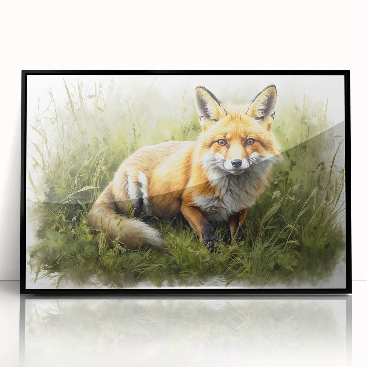 Framed wall art featuring a striking fox design in vibrant colors, set against a sleek black frame, ideal for wildlife enthusiasts and modern decor.