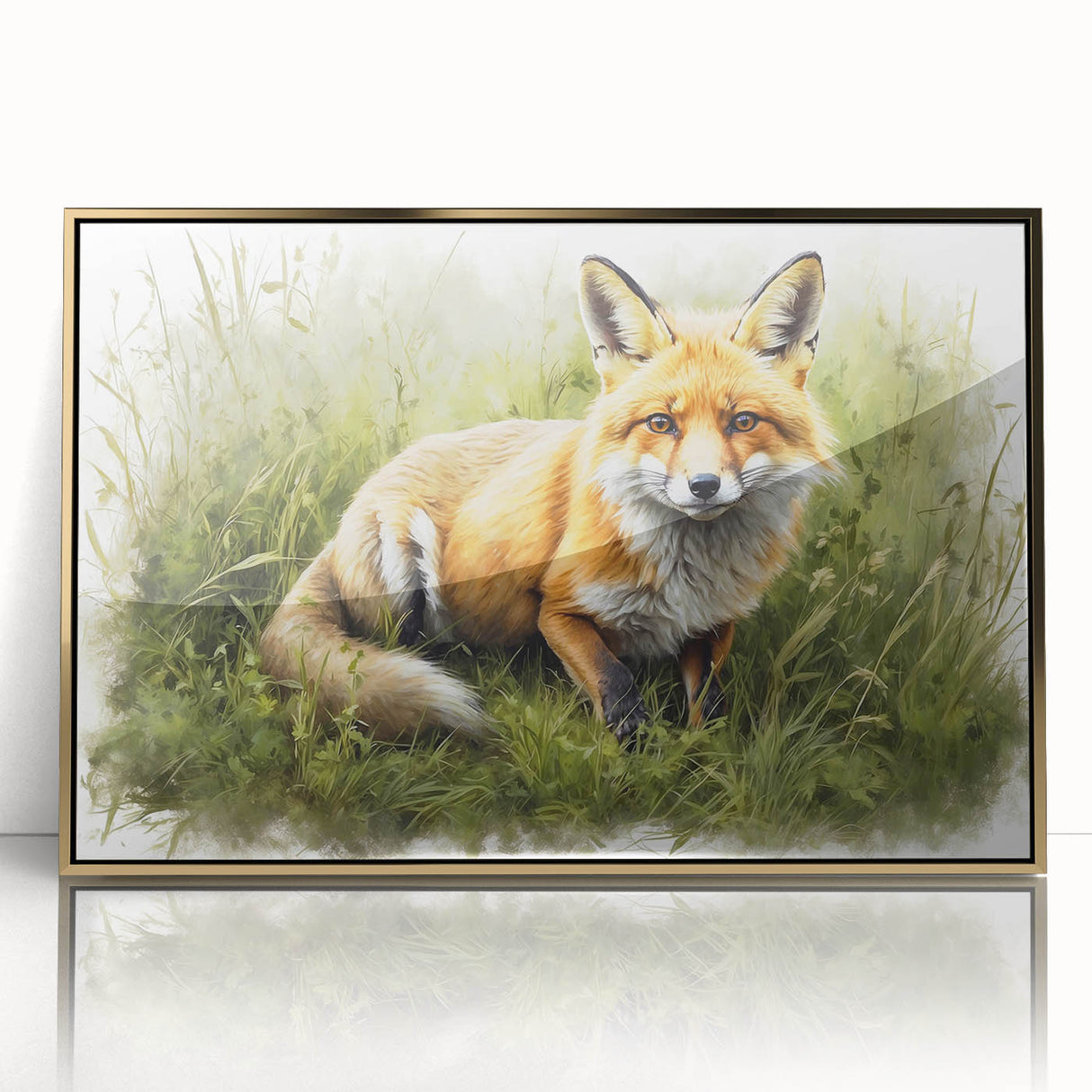 Framed wall art featuring a striking fox design in vibrant colors, set against a gold acrylic background, perfect for animal-themed decor in modern interiors.