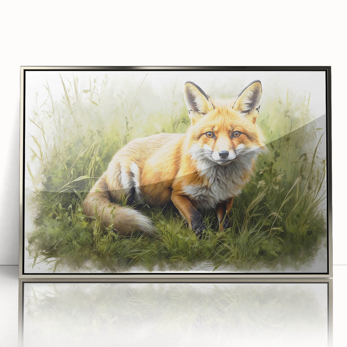 Framed acrylic wall art featuring a striking silver fox design, showcasing intricate details in vibrant colors against a sleek black background, perfect for animal lovers and modern decor.