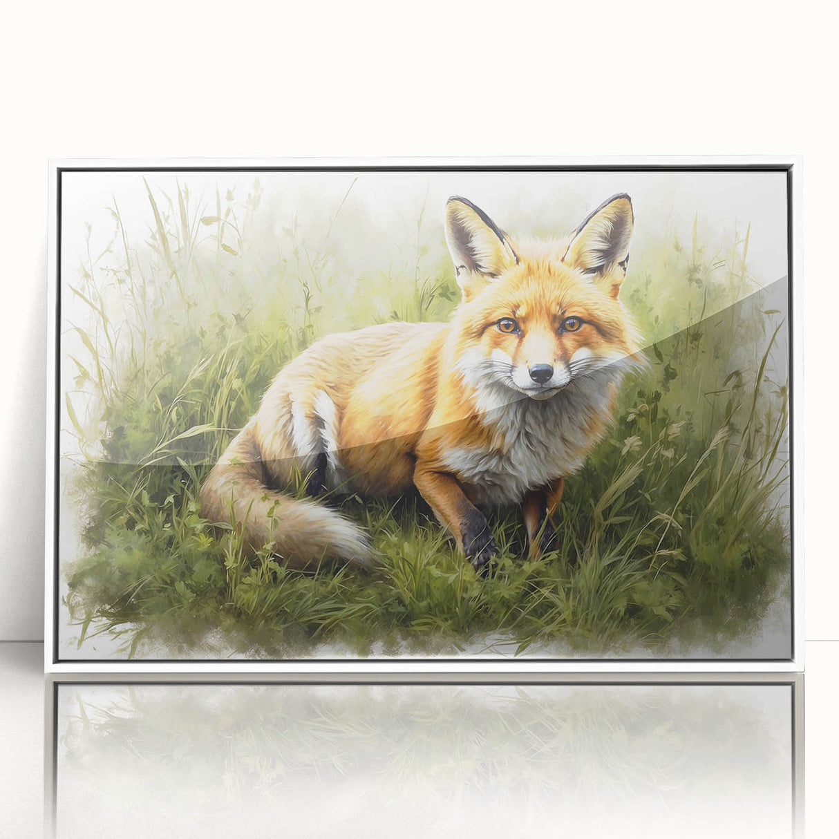 Framed wall art featuring a striking fox design from the "Animals: A Wild Life" collection, showcasing vivid colors and sleek white frame, perfect for animal lovers.