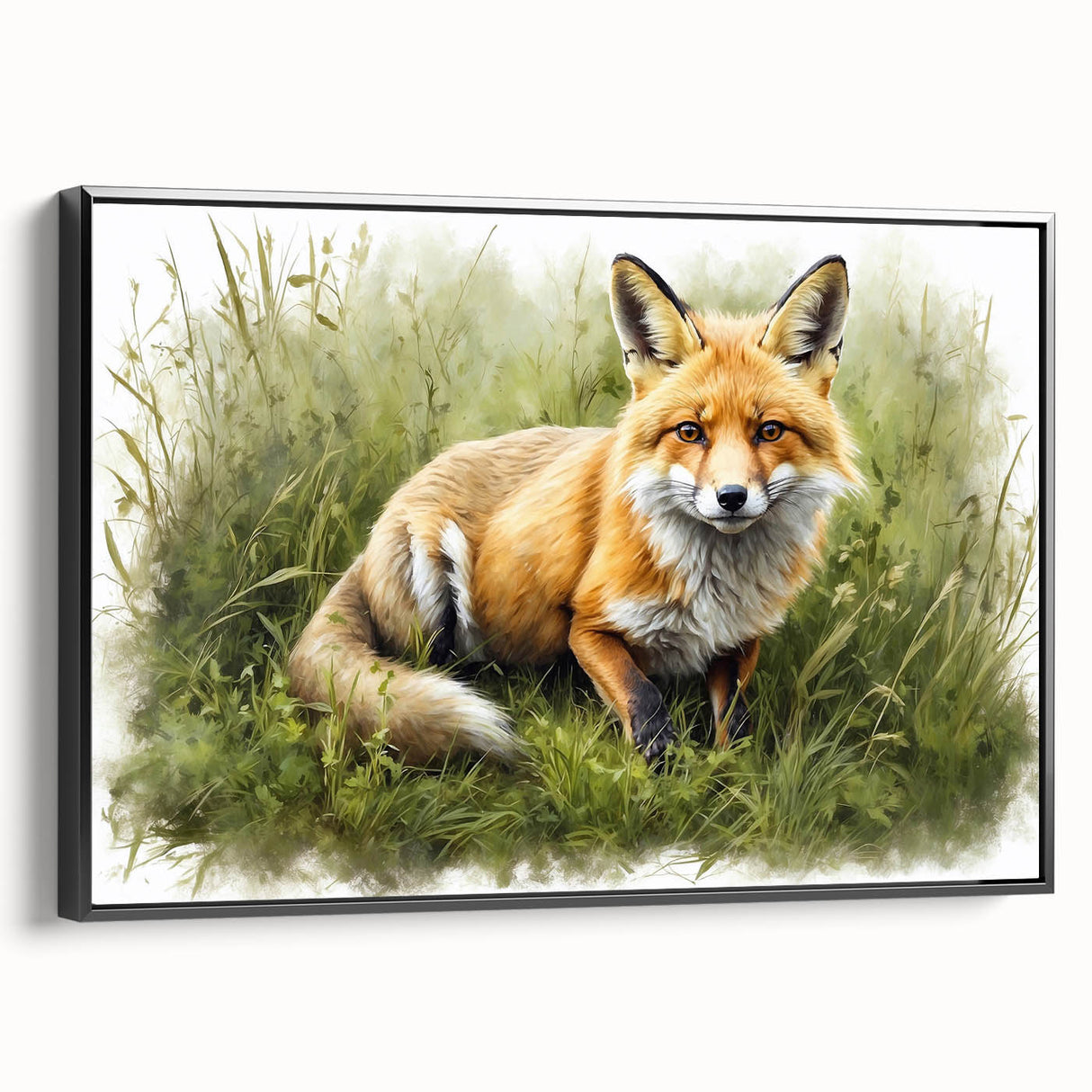 Framed wall art featuring a sleek black fox design on a textured canvas, showcasing vibrant colors and intricate details, perfect for wildlife enthusiasts.