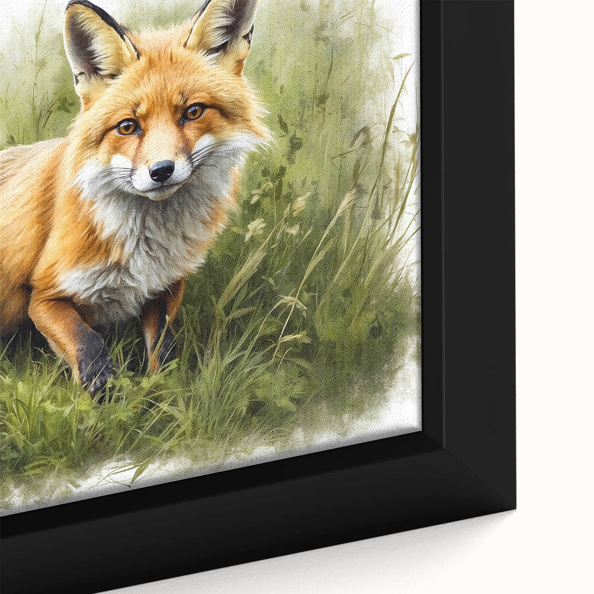 Close-up of a beautifully framed fox wall art piece, showcasing intricate details and vibrant colors, perfect for nature-inspired home decor.