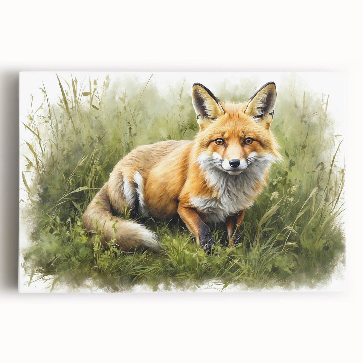 Stretched canvas wall art featuring a vibrant fox design in a wild landscape, showcasing intricate details and rich colors, perfect for animal lovers' decor.