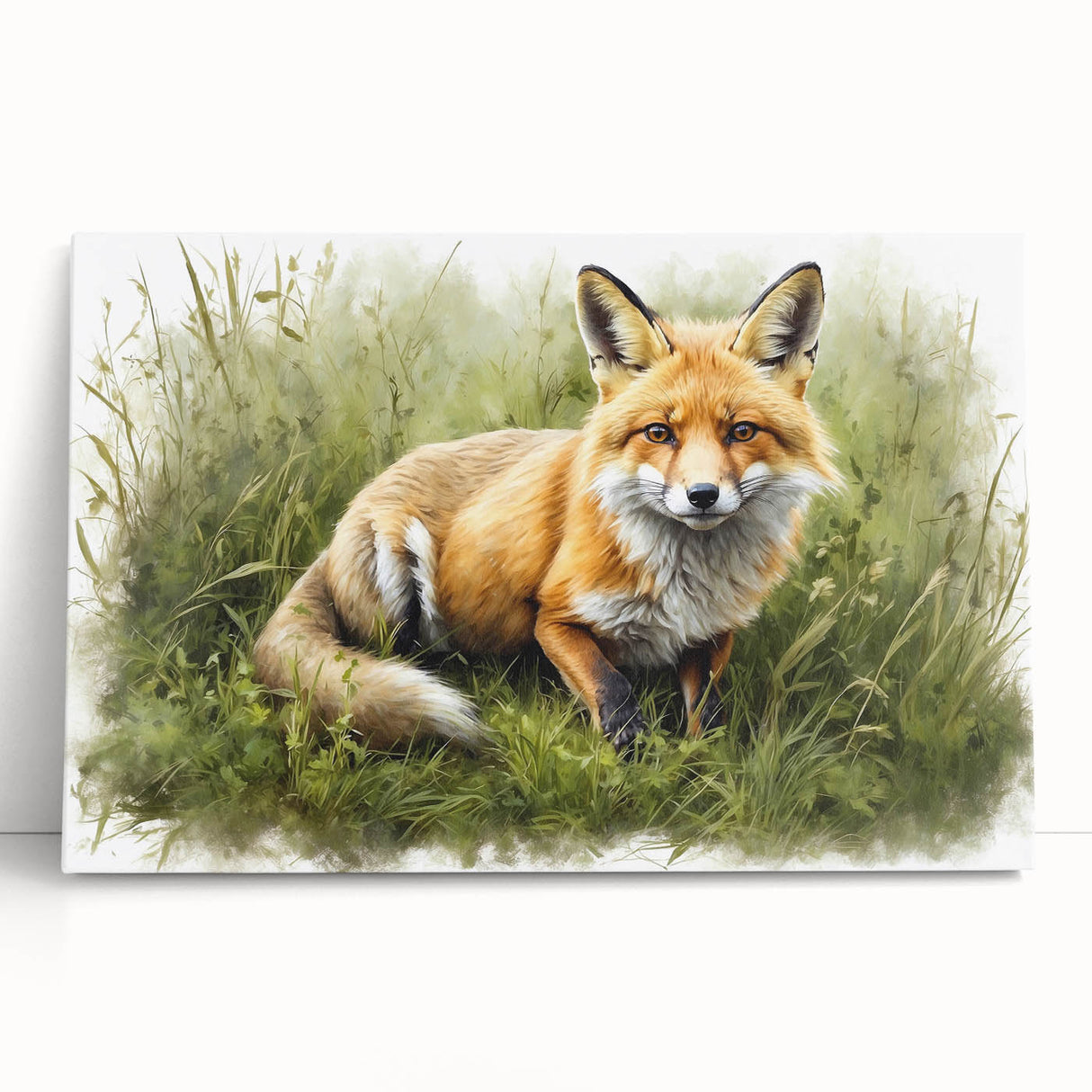 Vibrant stretched canvas wall art featuring a stylized fox design, showcasing rich colors and detailed textures, perfect for animal lovers and home decor enthusiasts.