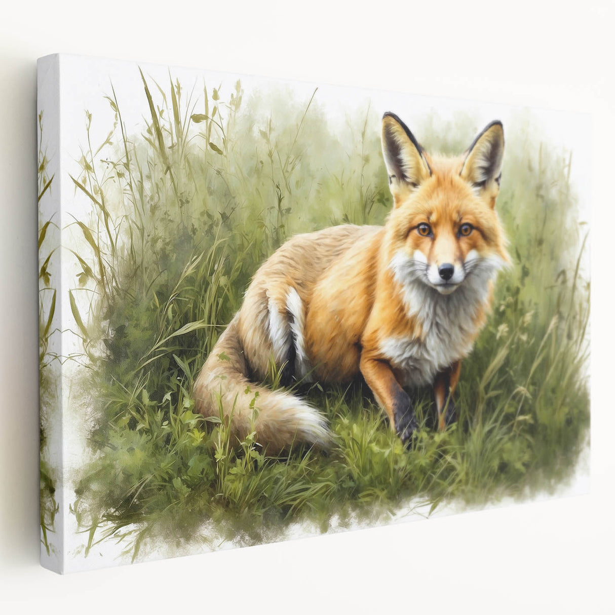 Vibrant stretched canvas wall art showcasing a side view of a stylized fox design, highlighting intricate details and warm colors, perfect for nature-themed decor.