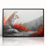 Framed wall art featuring a vibrant fox design, set against a sleek black background, perfect for adding a touch of nature-inspired decor to any space.