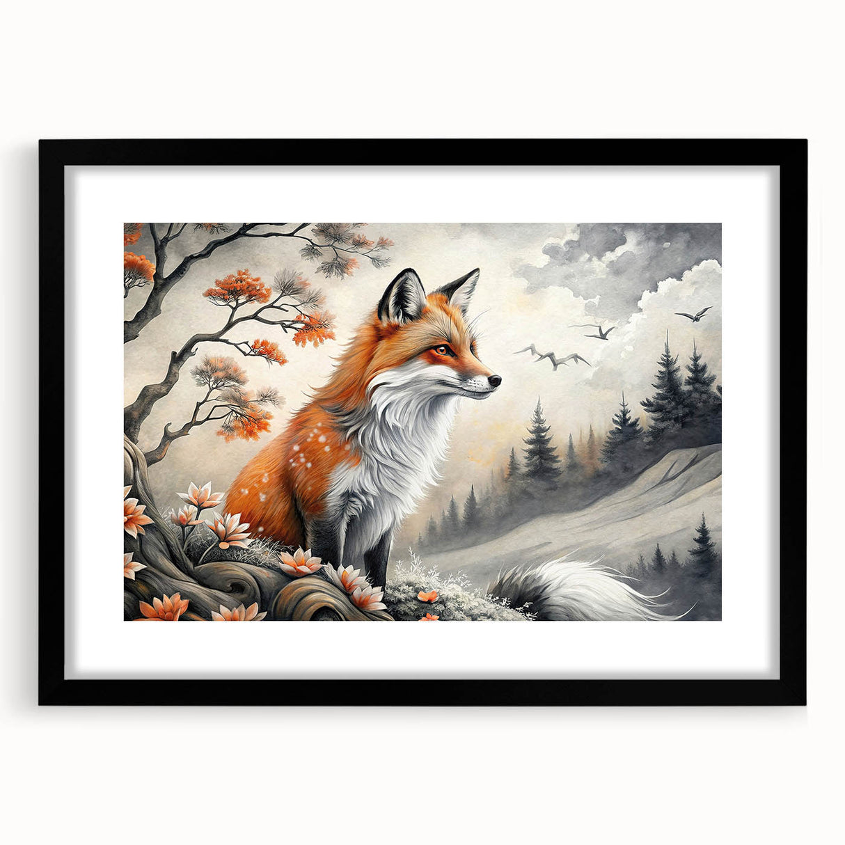 Framed wall art featuring a striking fox design from the Animals A Wild Life collection, with a matte black frame, enhancing any modern decor.