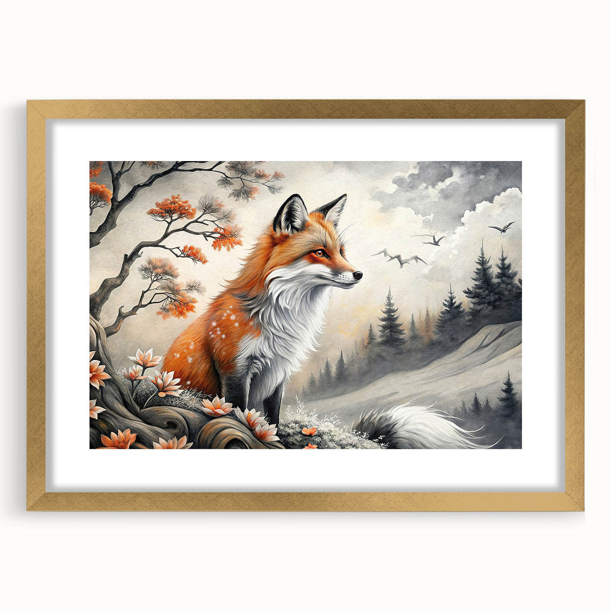 Framed wall art featuring a stylish fox design in a gold frame with a mat, ideal for animal lovers and modern home decor enthusiasts, showcasing vibrant colors and intricate details.