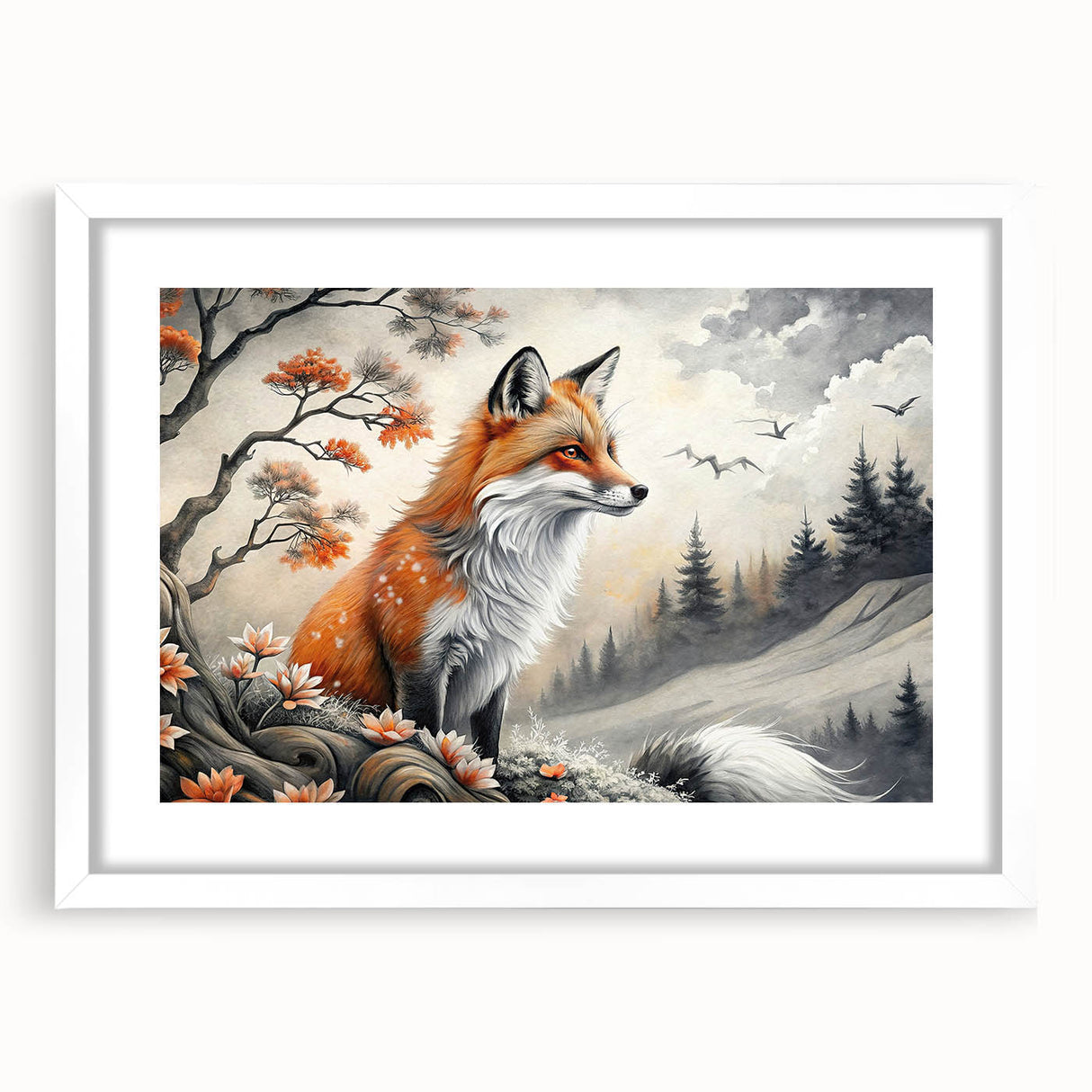 Framed wall art featuring a vibrant fox design from the Animals A Wild Life collection, showcased with a white mat and modern frame, perfect for home decor.