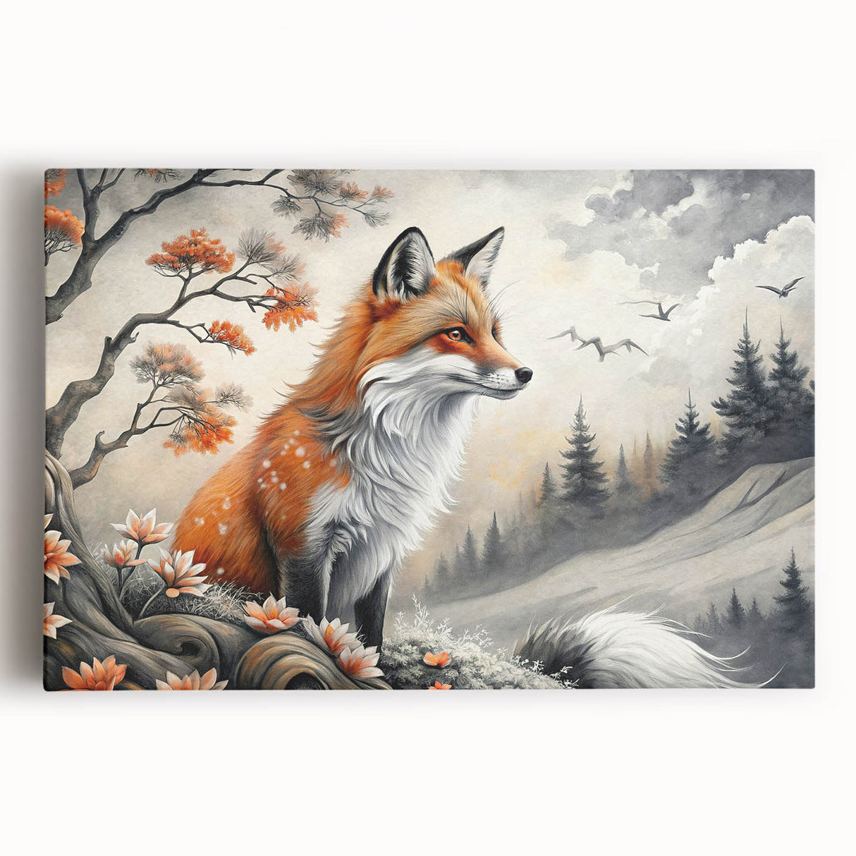 Stretched canvas wall art featuring a vibrant fox design in a lush forest setting, showcasing rich colors and intricate details, perfect for nature enthusiasts.