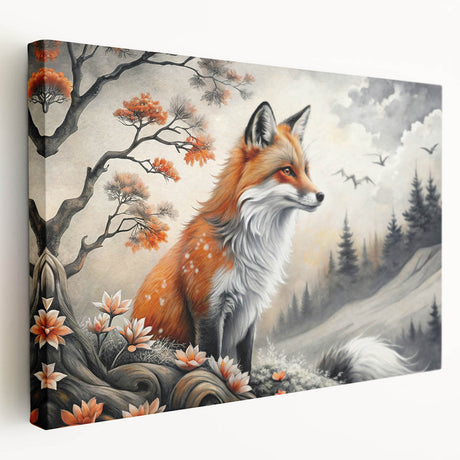 Stretched canvas artwork depicting a vibrant fox design in a wild setting, showcasing rich colors and intricate details, perfect for animal lovers and nature-themed decor.