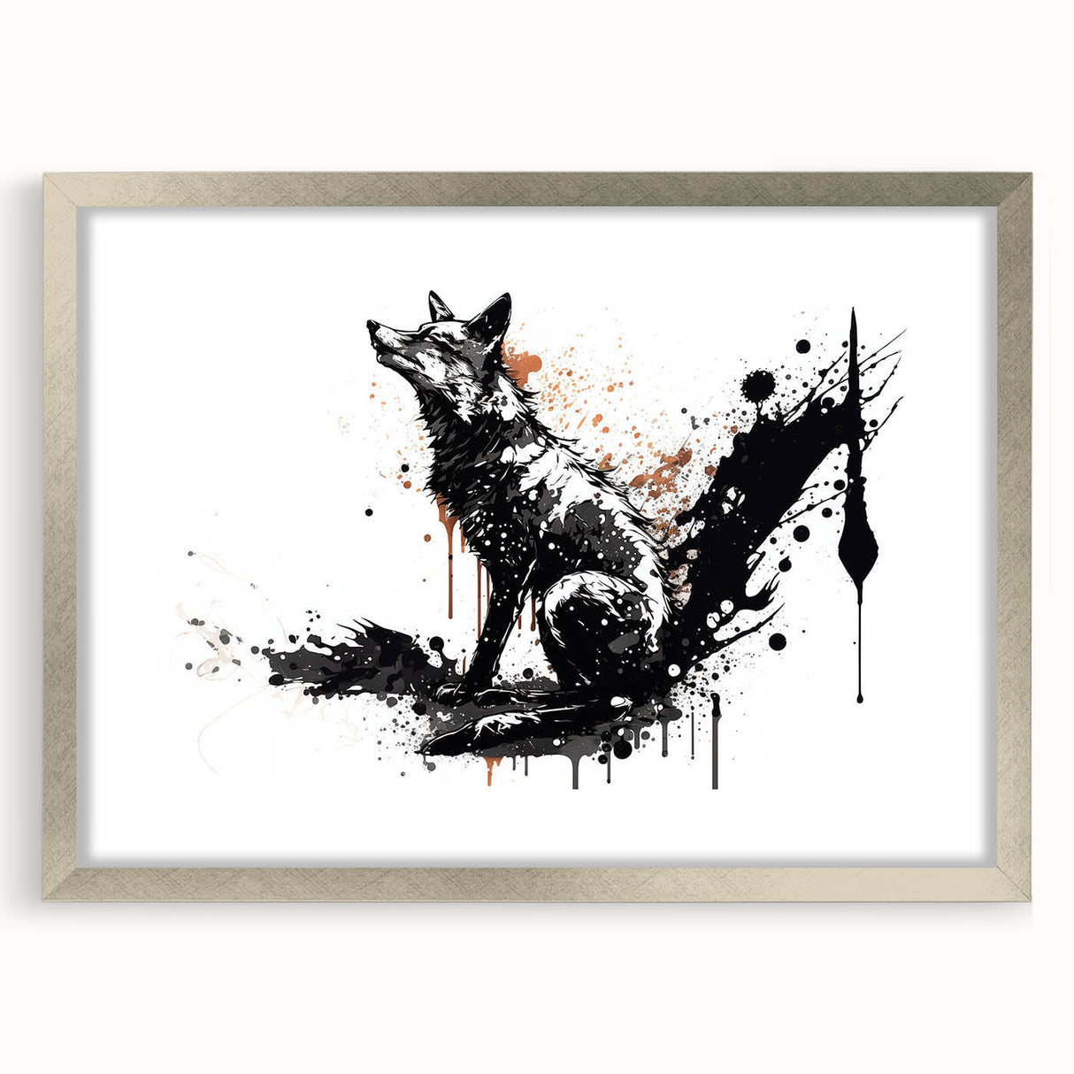 Framed wall art featuring a serene fox design in a silver frame, showcasing intricate details and vibrant colors, ideal for nature lovers and home decor enthusiasts.