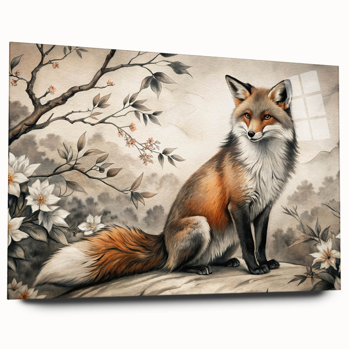 Side view of a vibrant acrylic glass wall art piece featuring a stylized fox design, ideal for animal lovers and nature-themed decor. Perfect for enhancing living spaces with a modern touch.