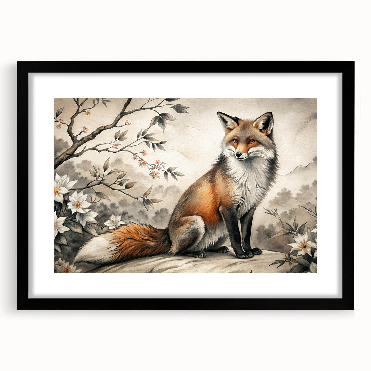 Framed wall art featuring a vibrant fox design from the "Animals: A Wild Life" collection, showcasing intricate details and a sleek black frame, ideal for nature lovers.