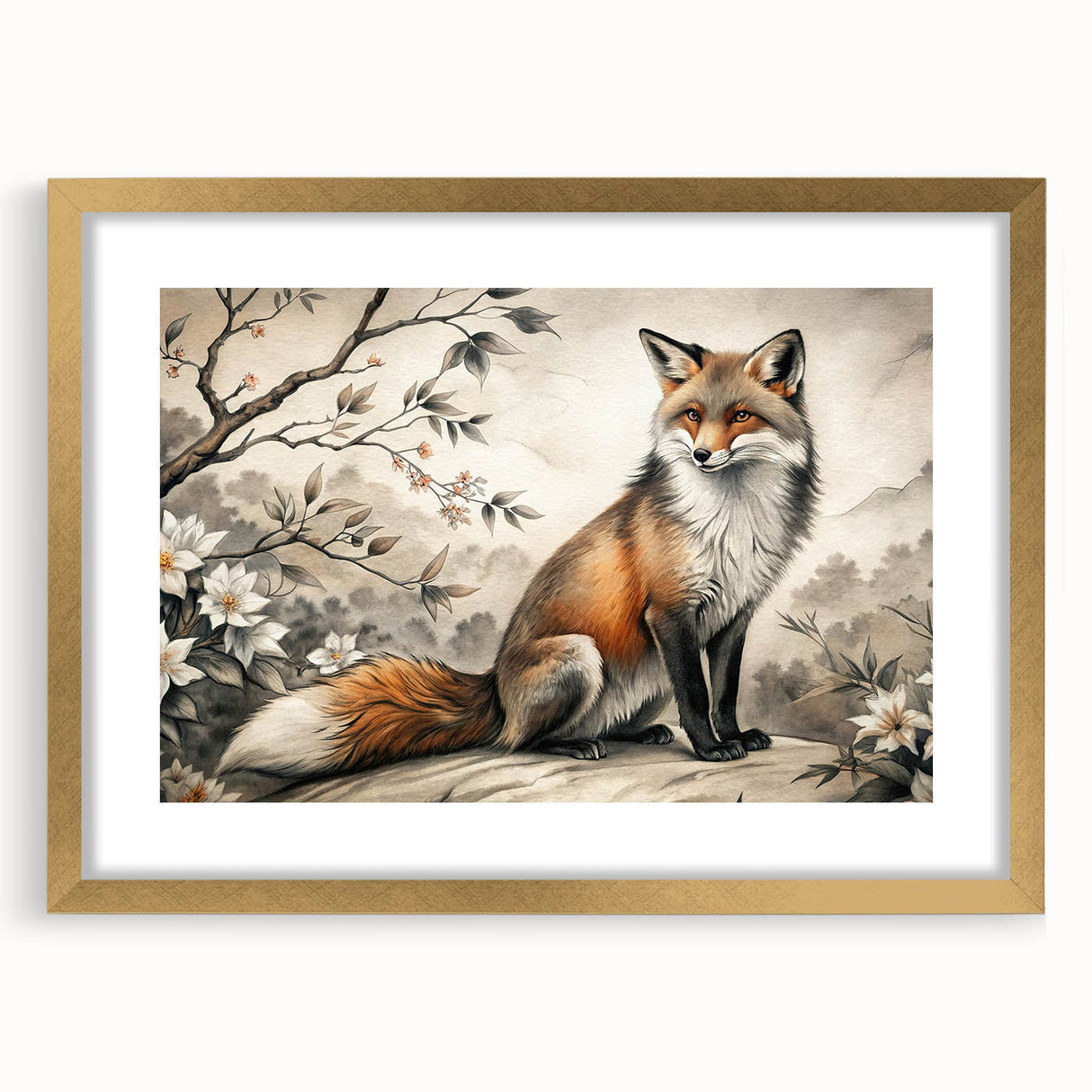 Framed wall art collection featuring a stylish fox design with a gold mat, showcasing intricate details and vibrant colors, perfect for animal lovers and home decor.