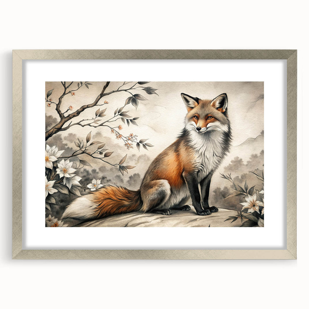 Framed wall art collection featuring a silver mat and a striking fox design, showcasing vibrant colors and intricate details, perfect for nature enthusiasts.