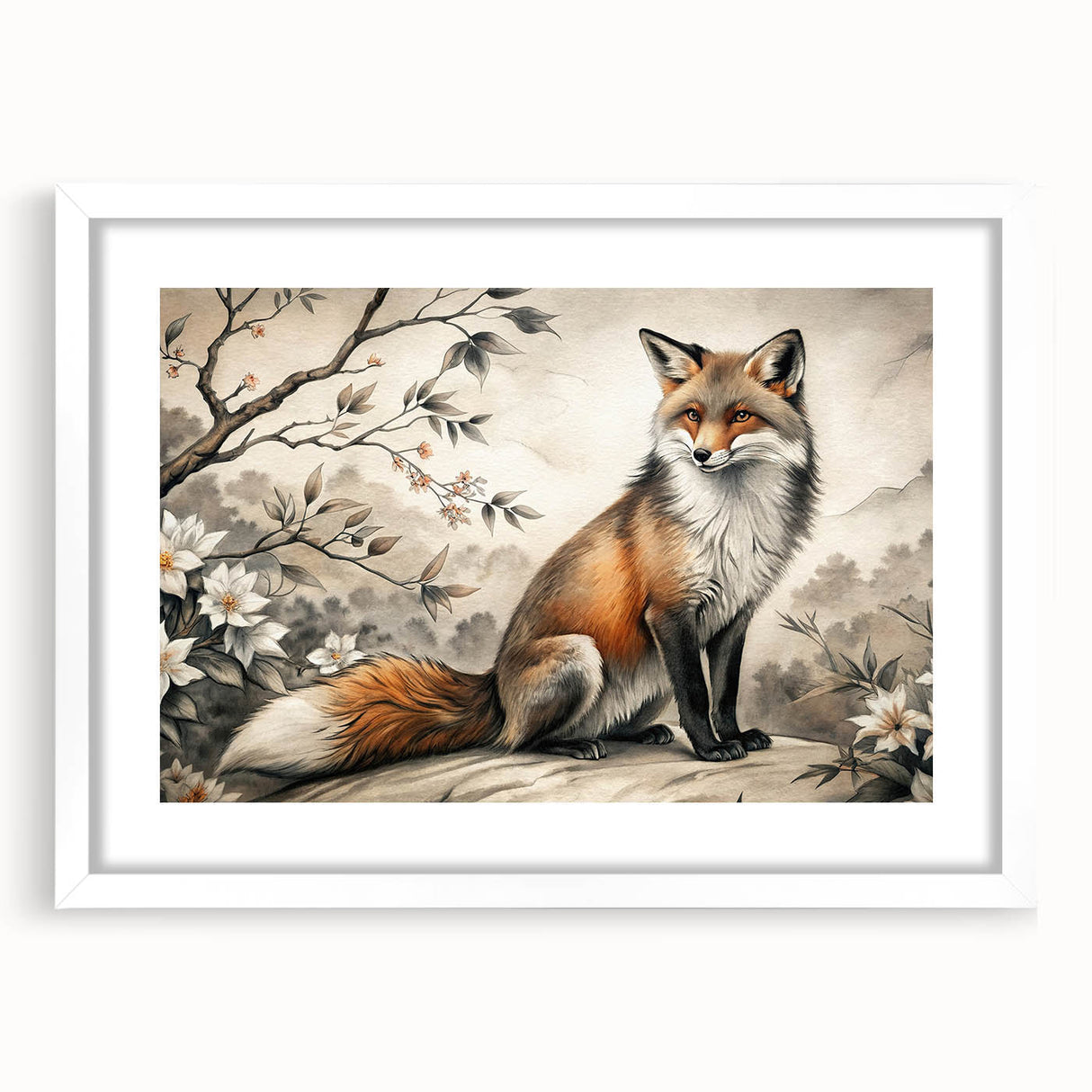 Framed wall art collection featuring a vibrant fox design, set against a white mat, showcasing intricate details and a modern aesthetic for animal lovers.
