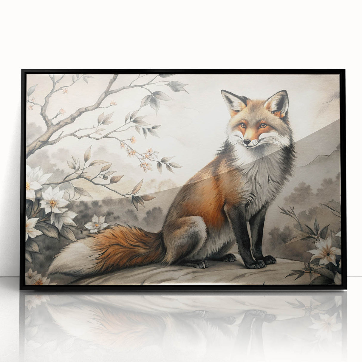 Framed wall art featuring a striking fox design from the "Animals: A Wild Life" collection, showcasing vibrant colors and sleek black frame, perfect for nature lovers.