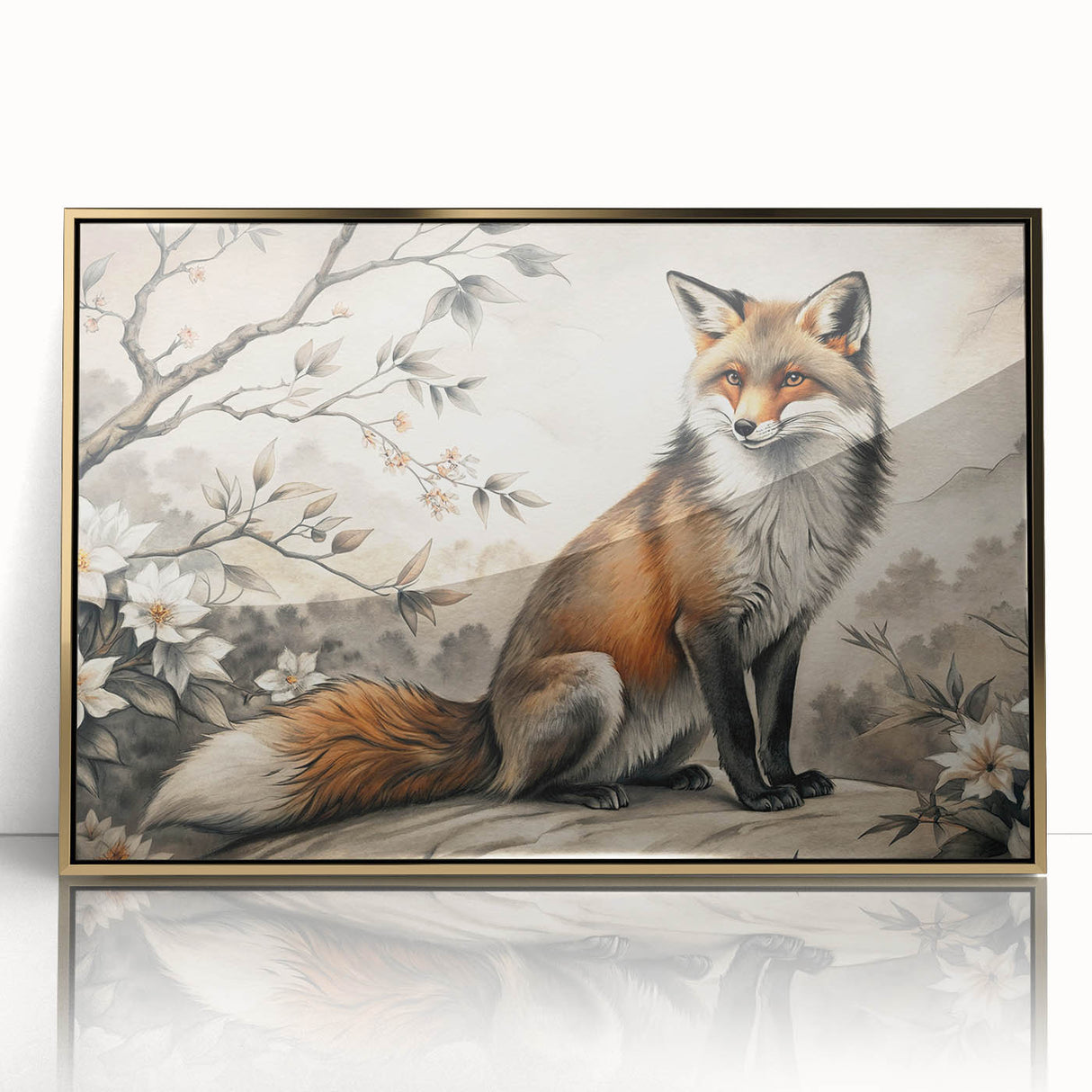 Framed wall art depicting a vibrant fox design from the "Animals of the Wild" collection, featuring gold accents and a sleek acrylic finish, ideal for modern decor.