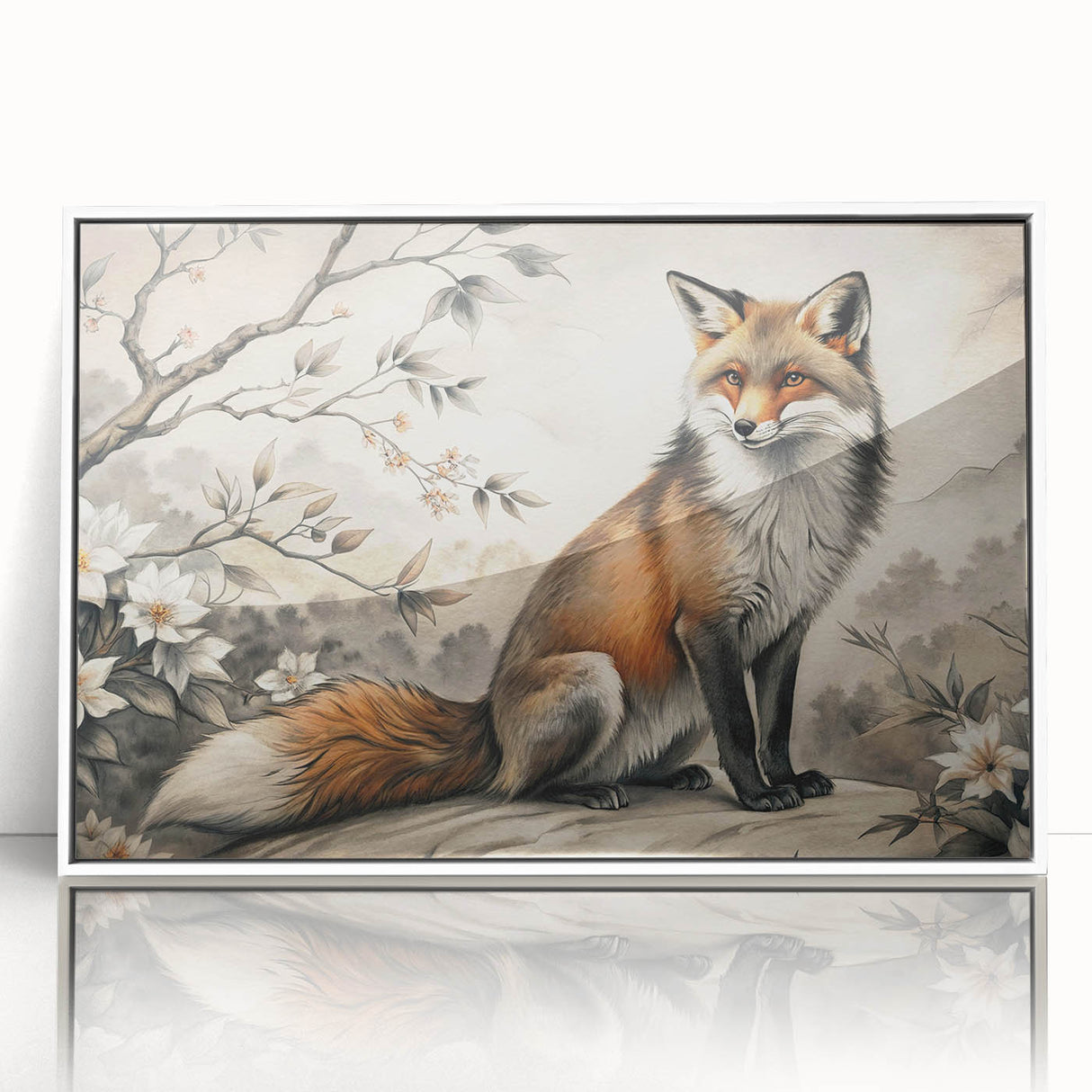 Framed wall art featuring a vibrant fox design in a wild life theme, displayed in a sleek white frame, perfect for adding a touch of nature-inspired decor to any room.