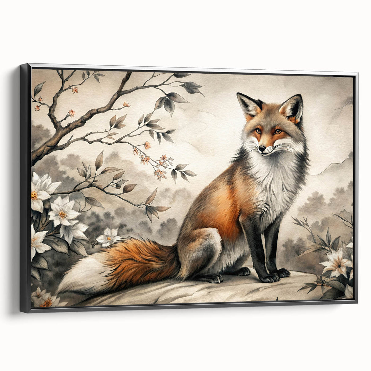 Framed wall art featuring a striking black fox design set against a textured background, showcasing intricate details and vibrant colors, perfect for home decor.