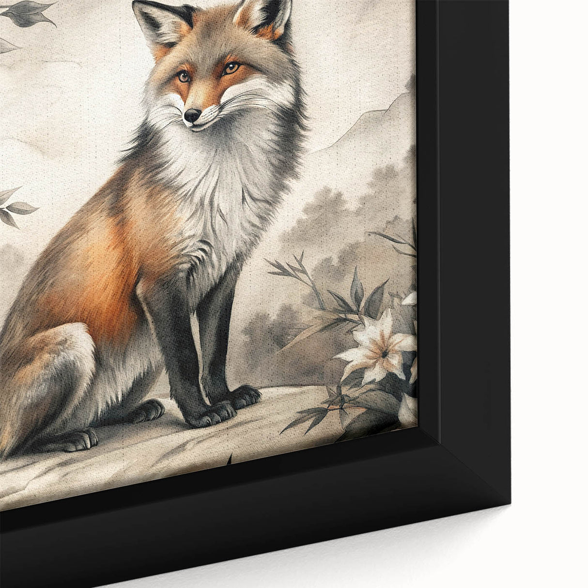 Close-up view of a framed canvas wall art depicting a vibrant fox design, showcasing detailed fur texture and vivid colors, perfect for wildlife enthusiasts.