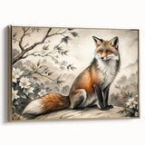 Framed wall art featuring a striking fox design on canvas, showcasing vibrant orange and gold hues, ideal for nature-themed decor in living spaces.