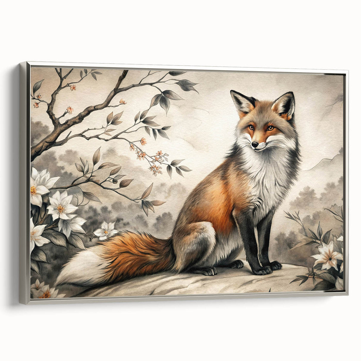 Framed wall art design showcasing a sleek silver side view of a vibrant fox in a wild landscape, perfect for animal lovers and modern home decor.