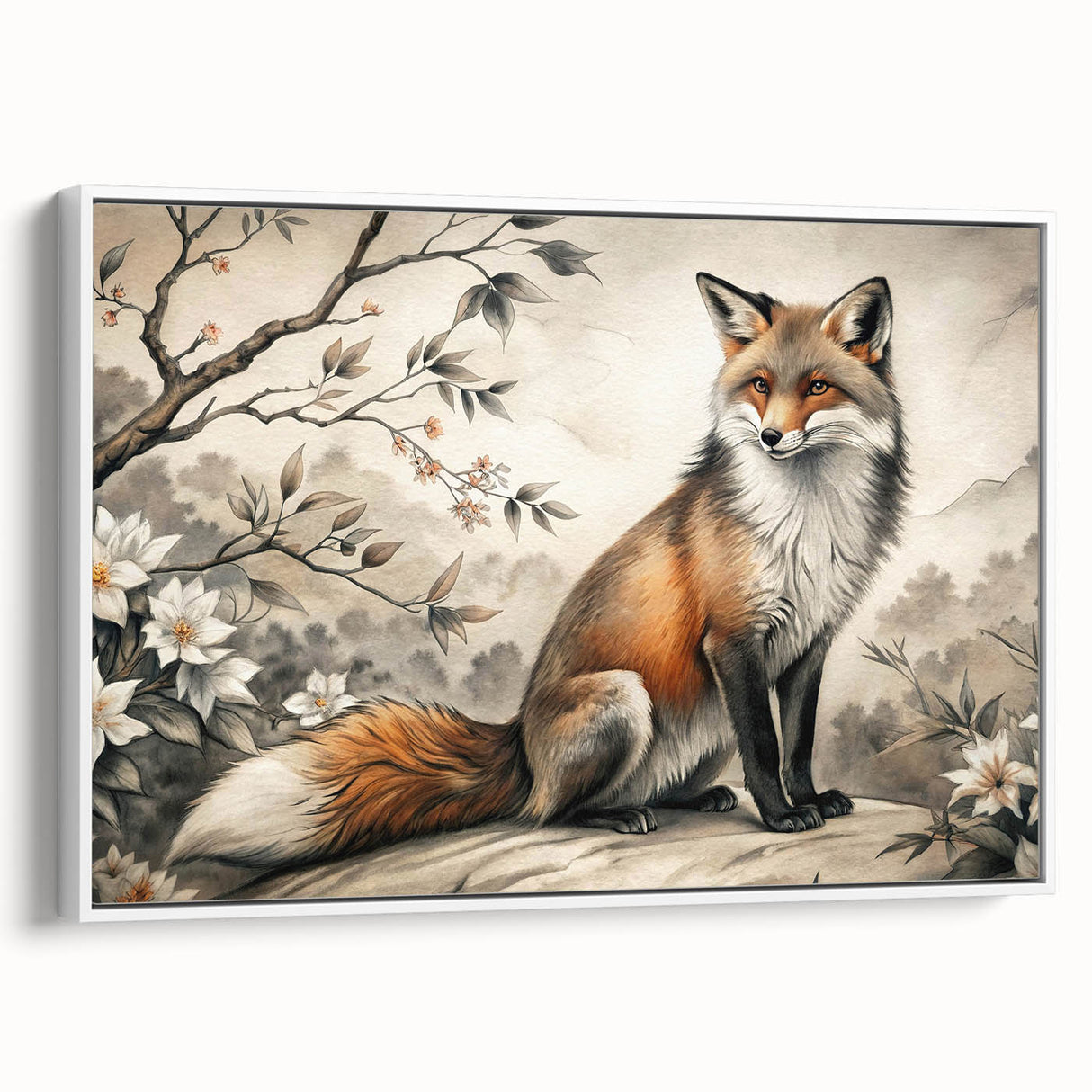 Framed canvas wall art featuring a stylized fox design in vibrant colors, showcasing intricate details and a white frame, perfect for nature lovers’ decor.