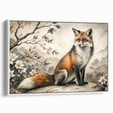 Framed canvas wall art featuring a stylized fox design in vibrant colors, showcasing intricate details and a white frame, perfect for nature lovers’ decor.