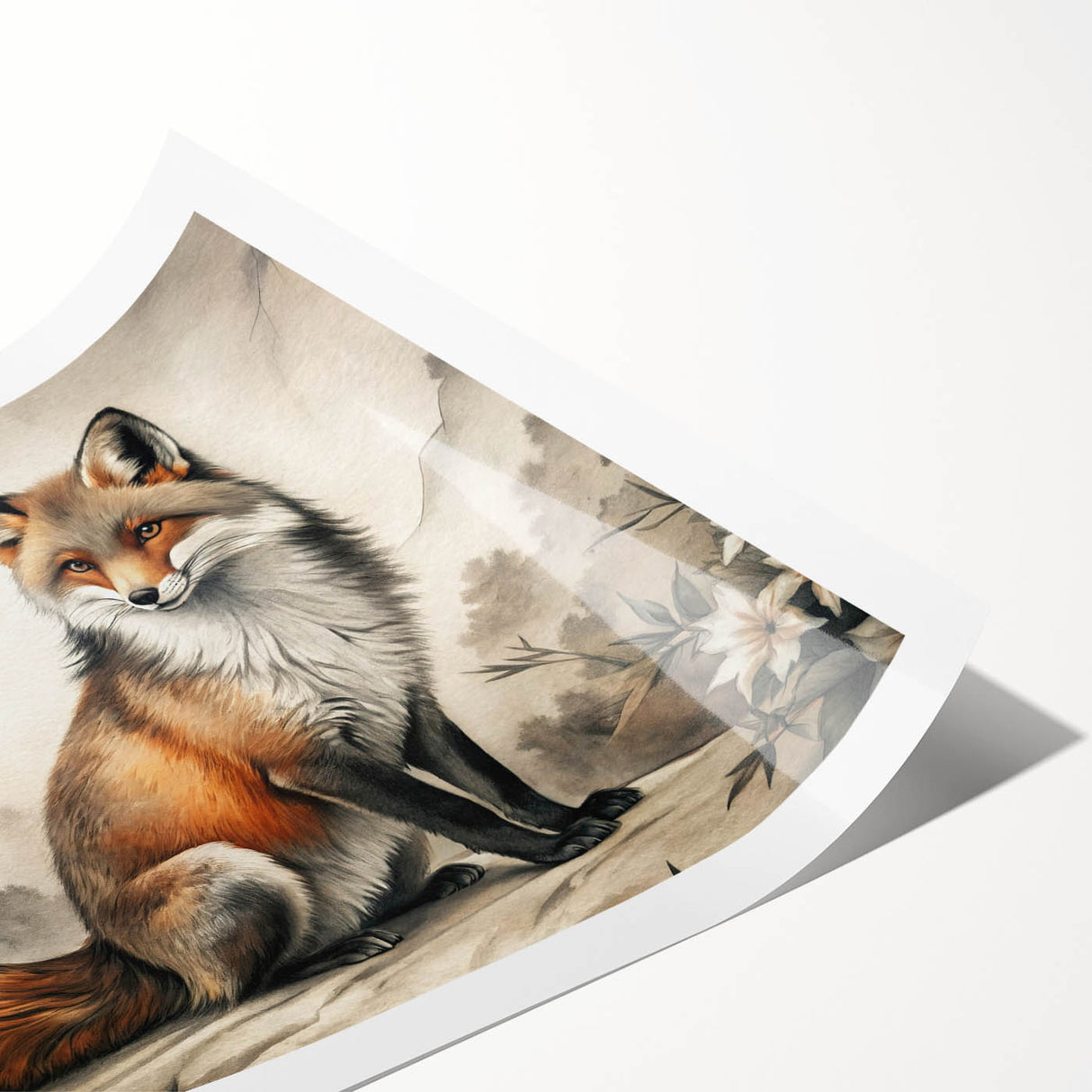 Stylish rolled print of a vibrant fox design, showcasing intricate details and colors, perfect for wildlife-themed decor, packaged securely in a protective tube.