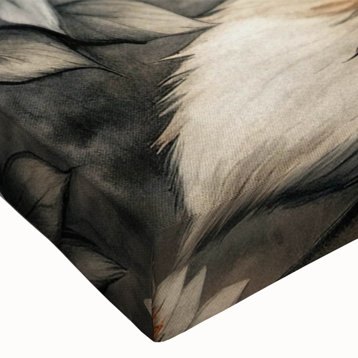 Close-up view of a vibrant fox design wall art print on stretched canvas, showcasing rich colors and intricate details, perfect for animal lovers' home decor.