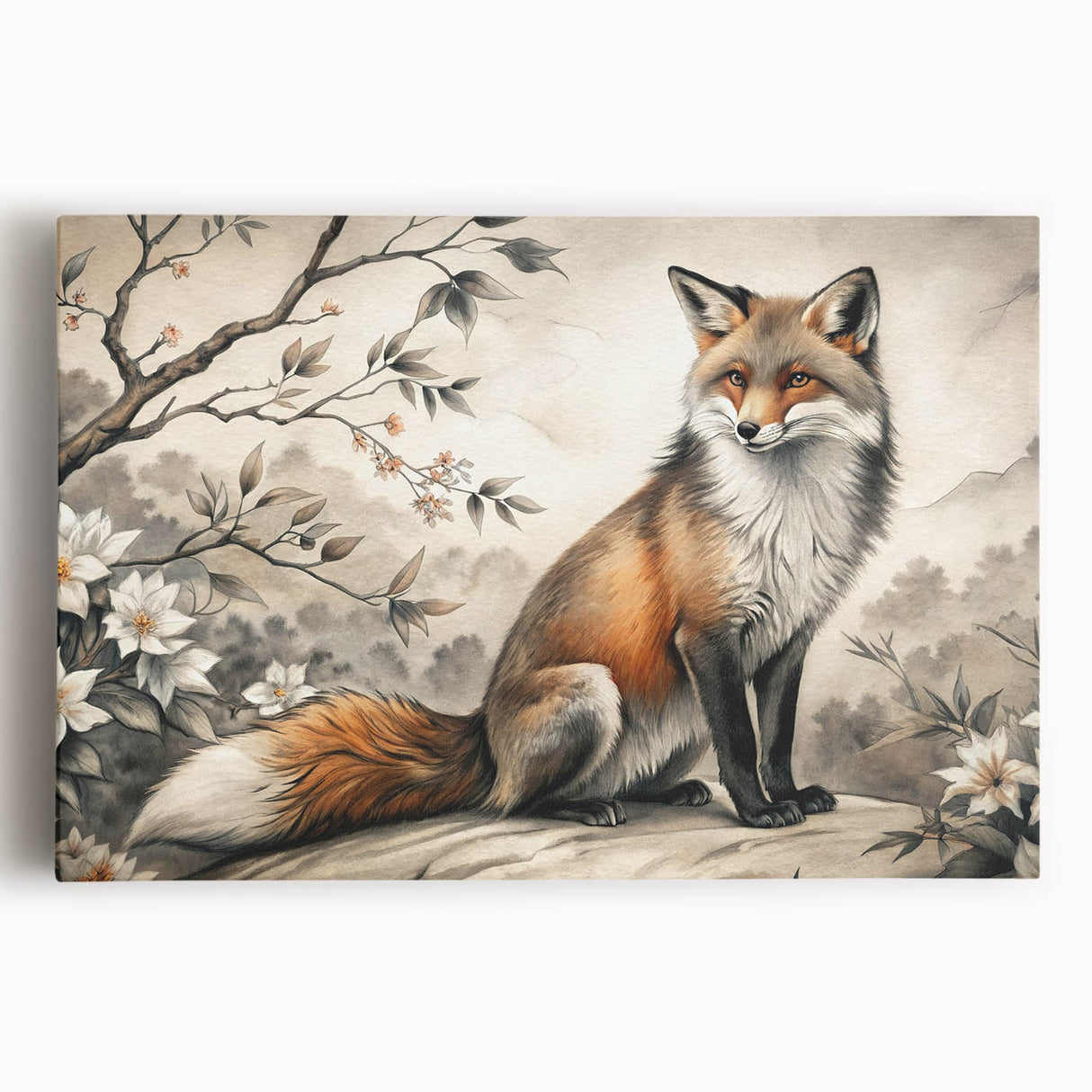 Vibrant stretched canvas wall art featuring a detailed fox design, showcasing rich colors and intricate patterns, perfect for animal lovers and home decor.