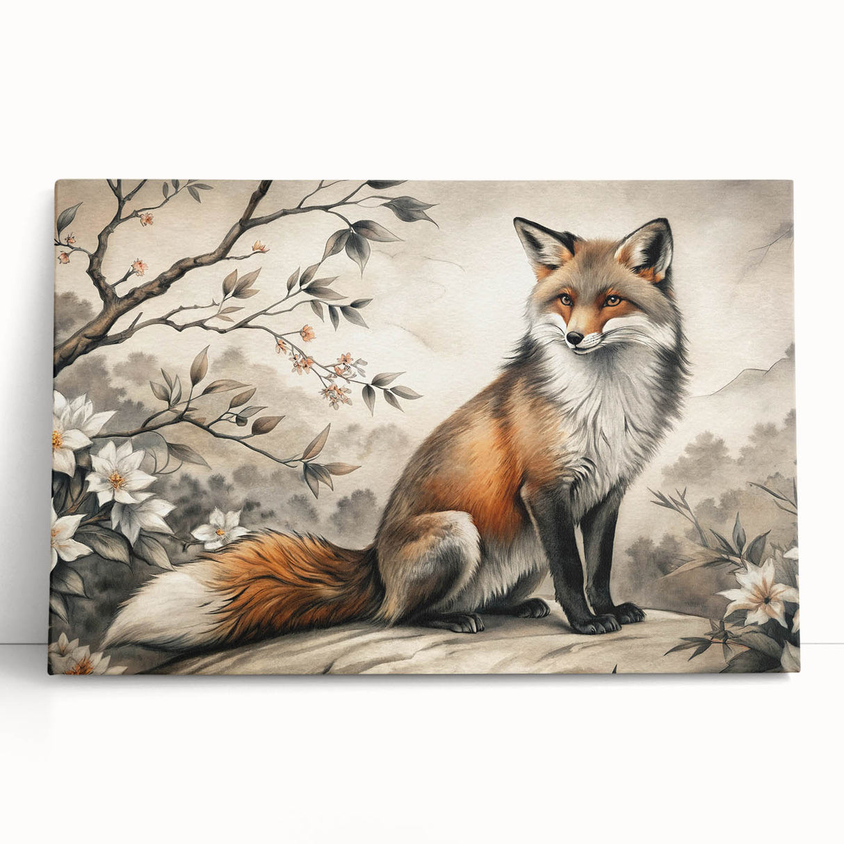 Stretched canvas wall art featuring a colorful fox design, showcasing vivid orange and white hues against a natural setting, perfect for animal lovers and home decor enthusiasts.