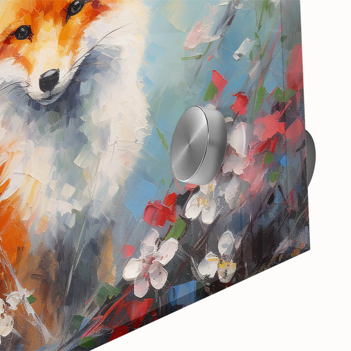 Close-up of a vibrant fox design in a wild animal wall art collection, featuring intricate details on acrylic glass, perfect for wildlife enthusiasts and home decor.