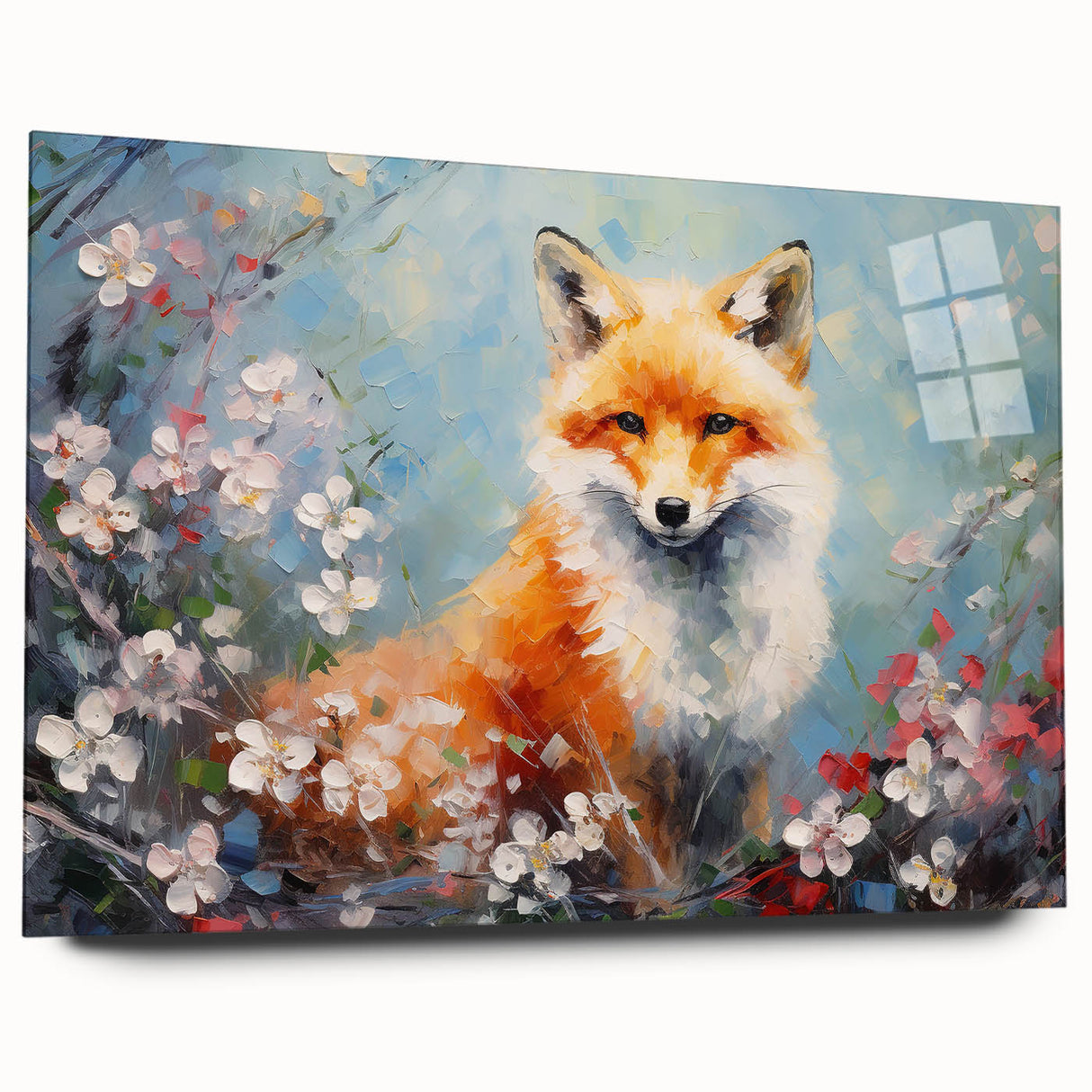 Side view of a sleek acrylic glass wall art featuring a vibrant fox design from the 'Animals A Wild Life' collection, showcasing colorful details and modern decor appeal. Ideal for nature enthusiasts looking to enhance their interior spaces with wildlife-inspired art.
