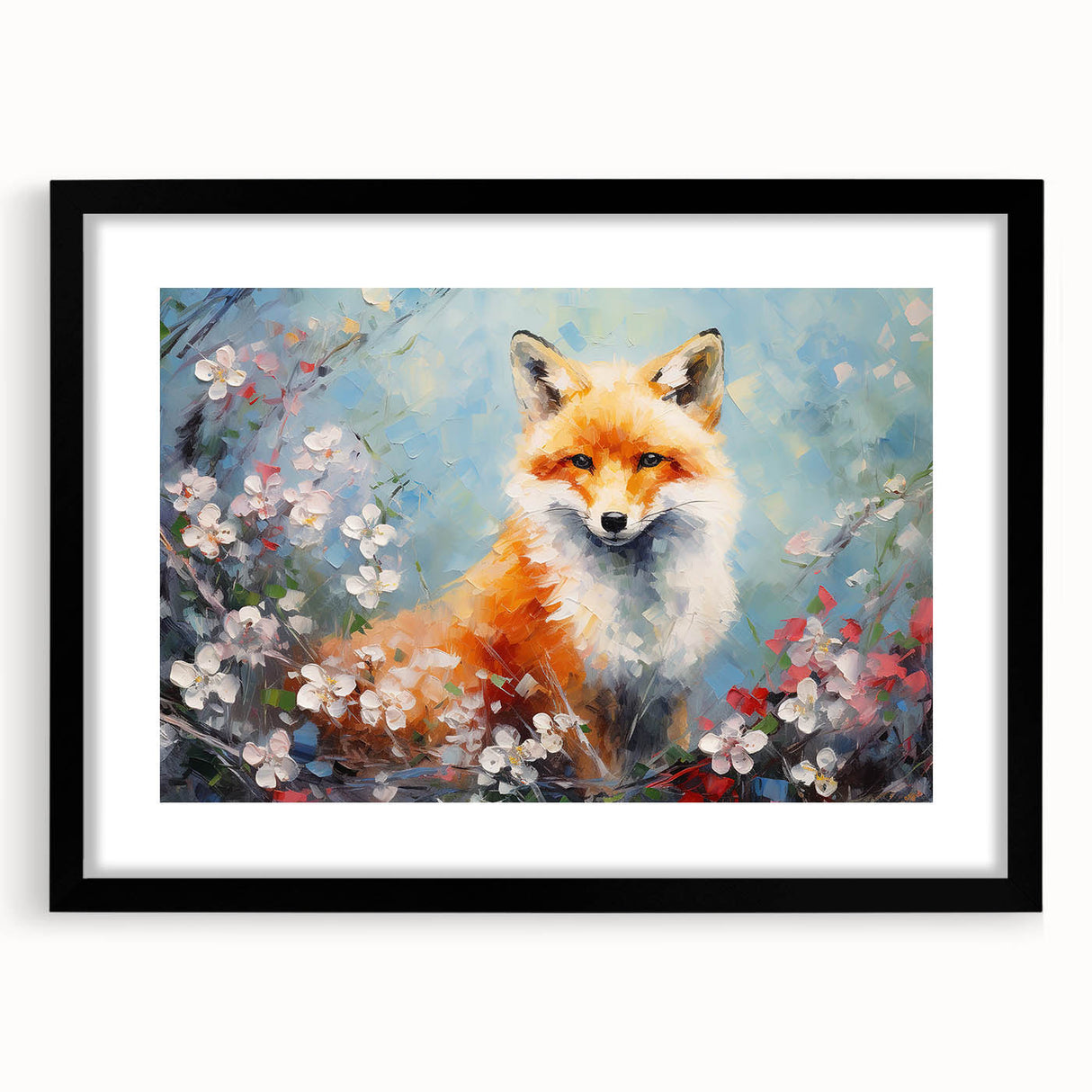 Framed wall art featuring a black mat and a striking fox design, showcasing intricate details in a wild-life theme, perfect for nature-inspired decor.