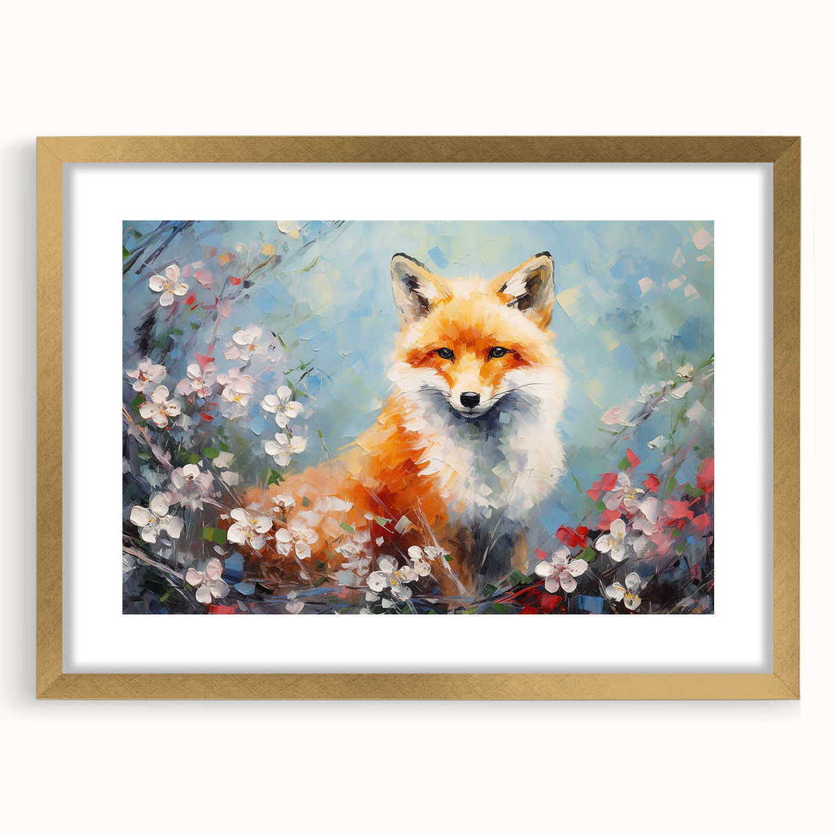 Framed wall art showcasing a stunning fox design in gold accents, featuring a mat for added elegance, perfect for wildlife enthusiasts and home decor.