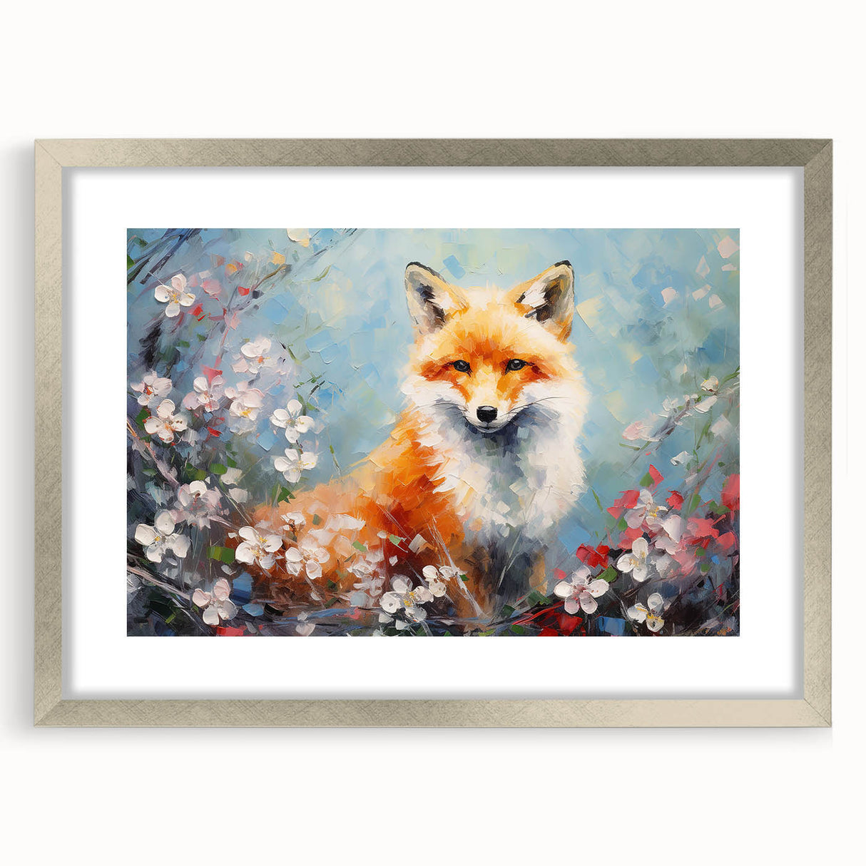 Framed wall art featuring a silver border showcasing a whimsical fox design, perfect for adding a touch of wildlife charm and elegance to any room decor.