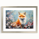 Framed wall art featuring a silver border showcasing a whimsical fox design, perfect for adding a touch of wildlife charm and elegance to any room decor.
