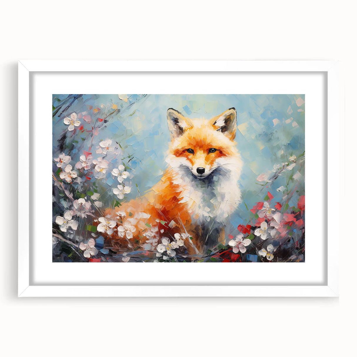 Framed wildlife wall art featuring a striking fox design, showcasing vibrant colors and intricate details, set in a white mat for an elegant presentation. Ideal for animal lovers and home decor enthusiasts.
