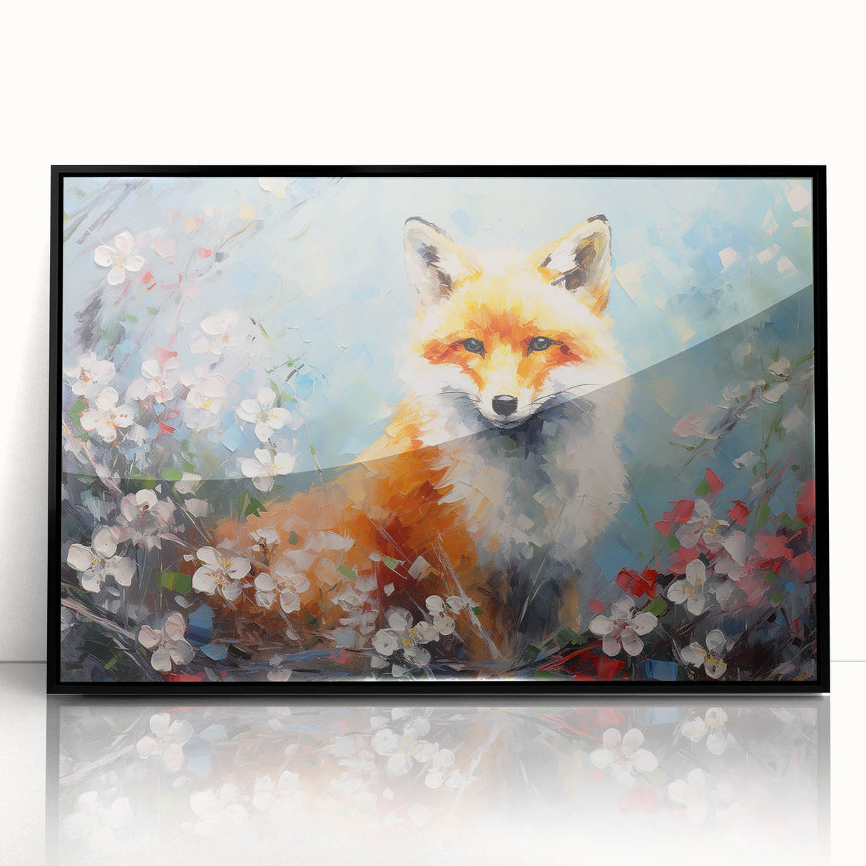Framed wall art featuring a striking fox design in vibrant colors, set against a sleek black frame. The acrylic finish enhances the artwork's details and depth, making it a captivating addition to any home decor. Perfect for animal lovers and nature enthusiasts.