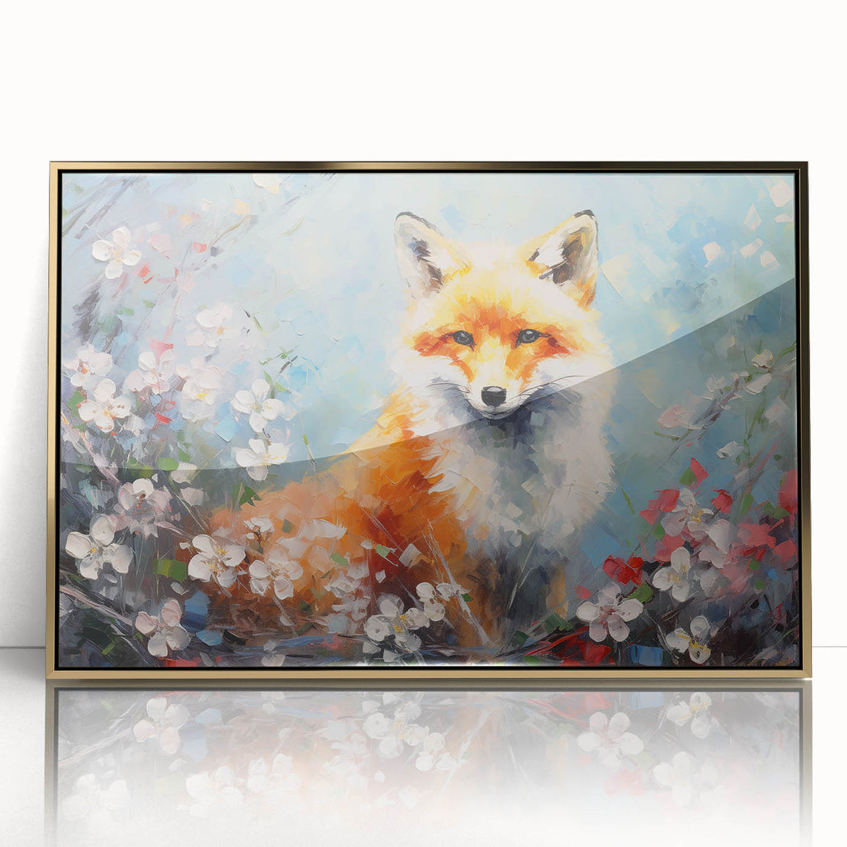 Framed wall art showcasing a vivid fox design with intricate details, set in an elegant acrylic frame with a gold finish, ideal for wildlife enthusiasts' decor.