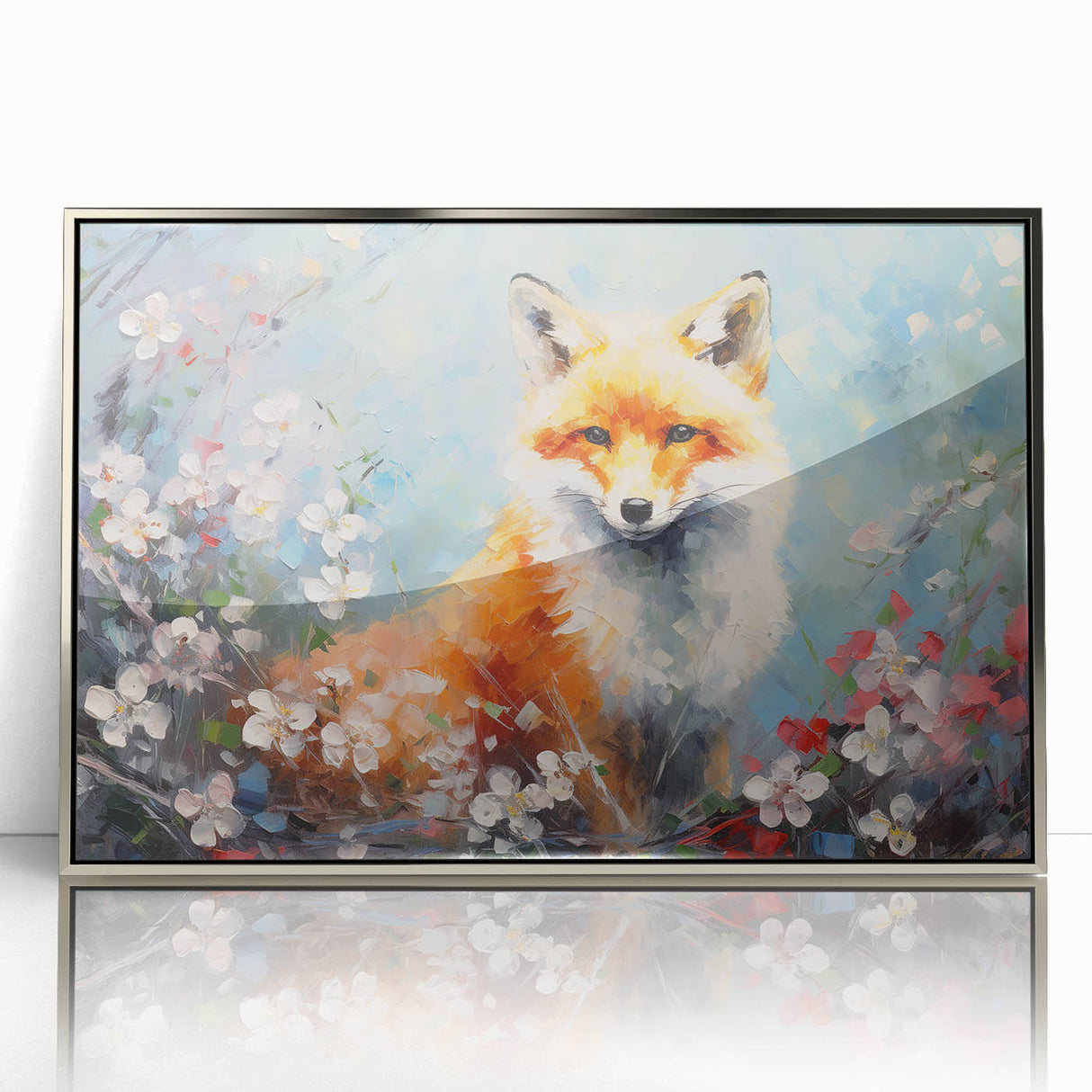 Framed wall art featuring a sleek silver-acrylic design of a fox, showcasing its vibrant colors and intricate details, perfect for adding a modern touch to any decor.
