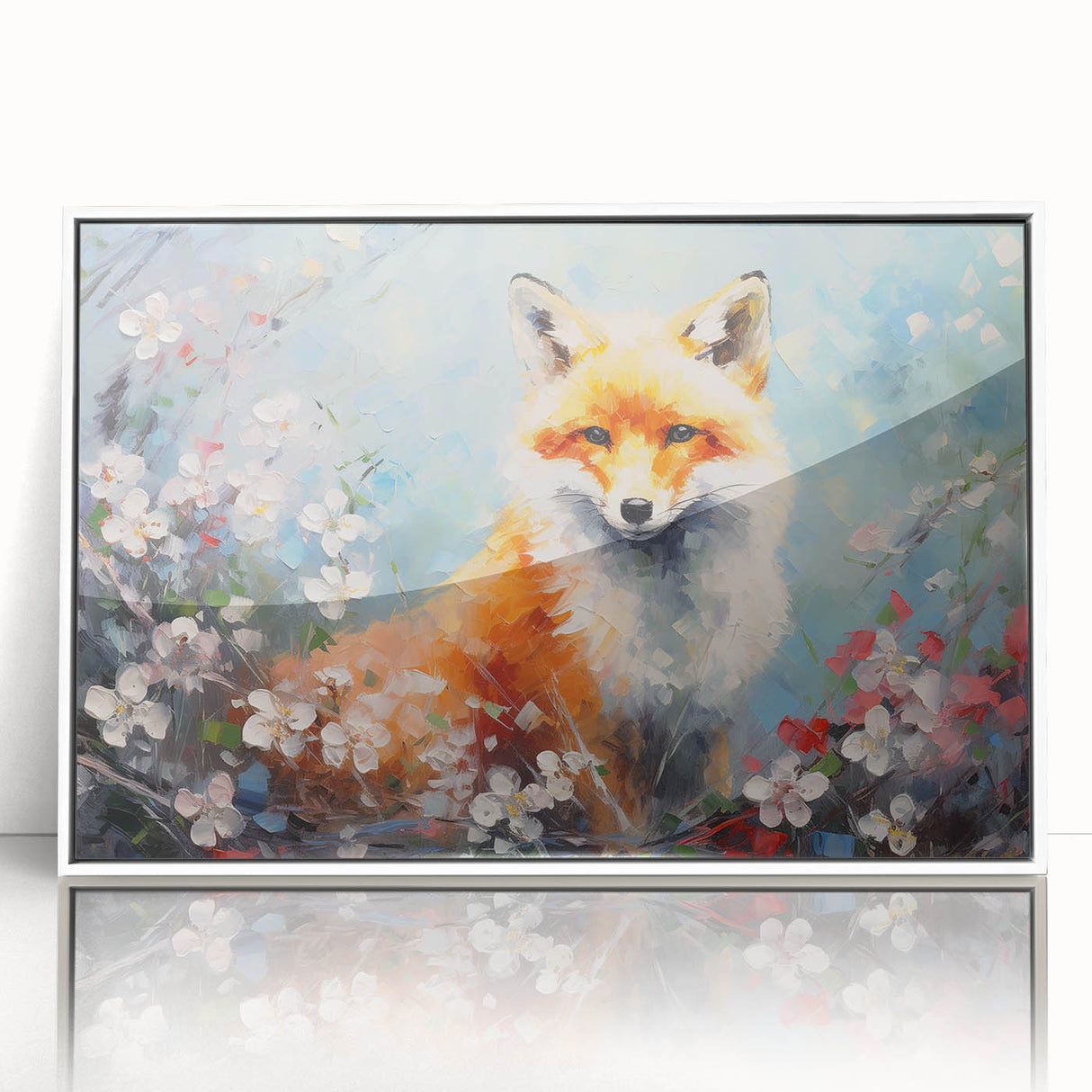 Framed acrylic wall art featuring a stylized fox design, showcasing vibrant orange and white colors against a minimalist white background, perfect for animal and nature-themed decor.