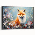 Framed canvas wall art showcasing a stylized fox design in vibrant colors, set against a black backdrop, ideal for modern home decor or animal-themed interiors.