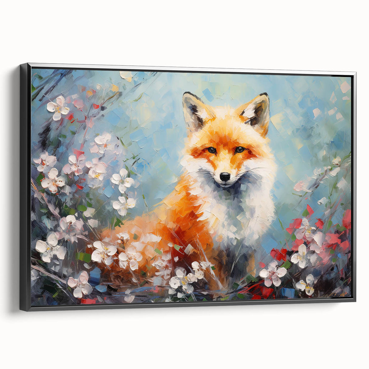 Framed canvas wall art showcasing a stylized fox design in vibrant colors, set against a black backdrop, ideal for modern home decor or animal-themed interiors.