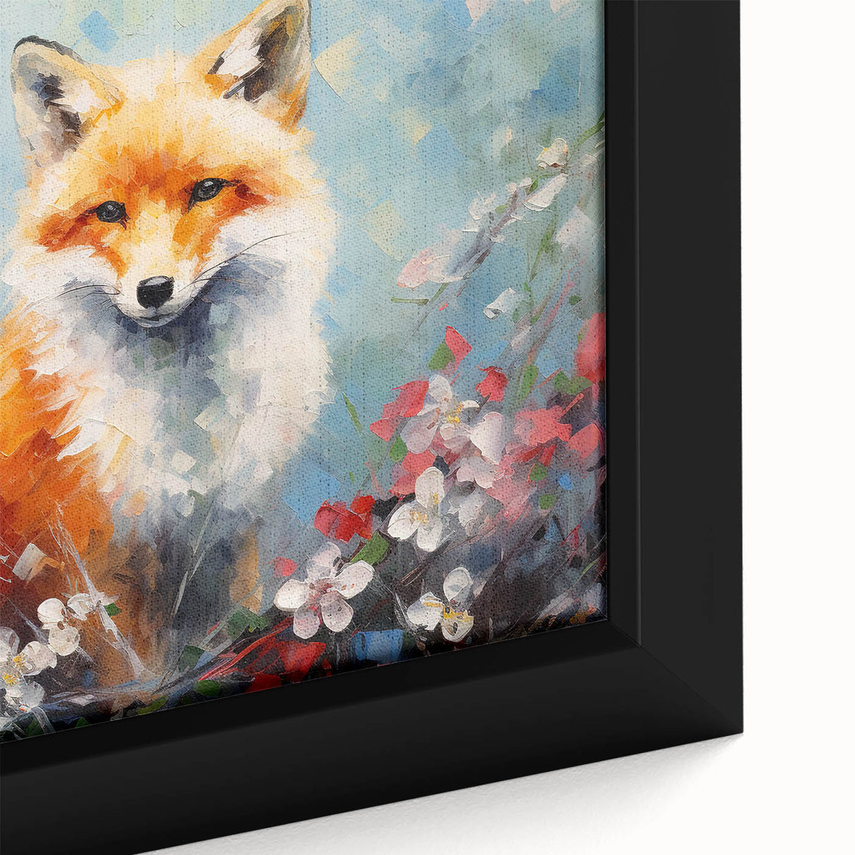 Close-up of a framed canvas wall art featuring a vibrant fox design, showcasing rich colors and intricate details, perfect for animal lovers and nature enthusiasts.