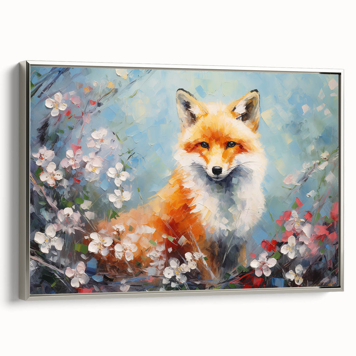 Framed wall art featuring a stylish silver fox design, elegantly displayed in a modern setting. The canvas showcases vibrant colors and intricate details, perfect for animal lovers.