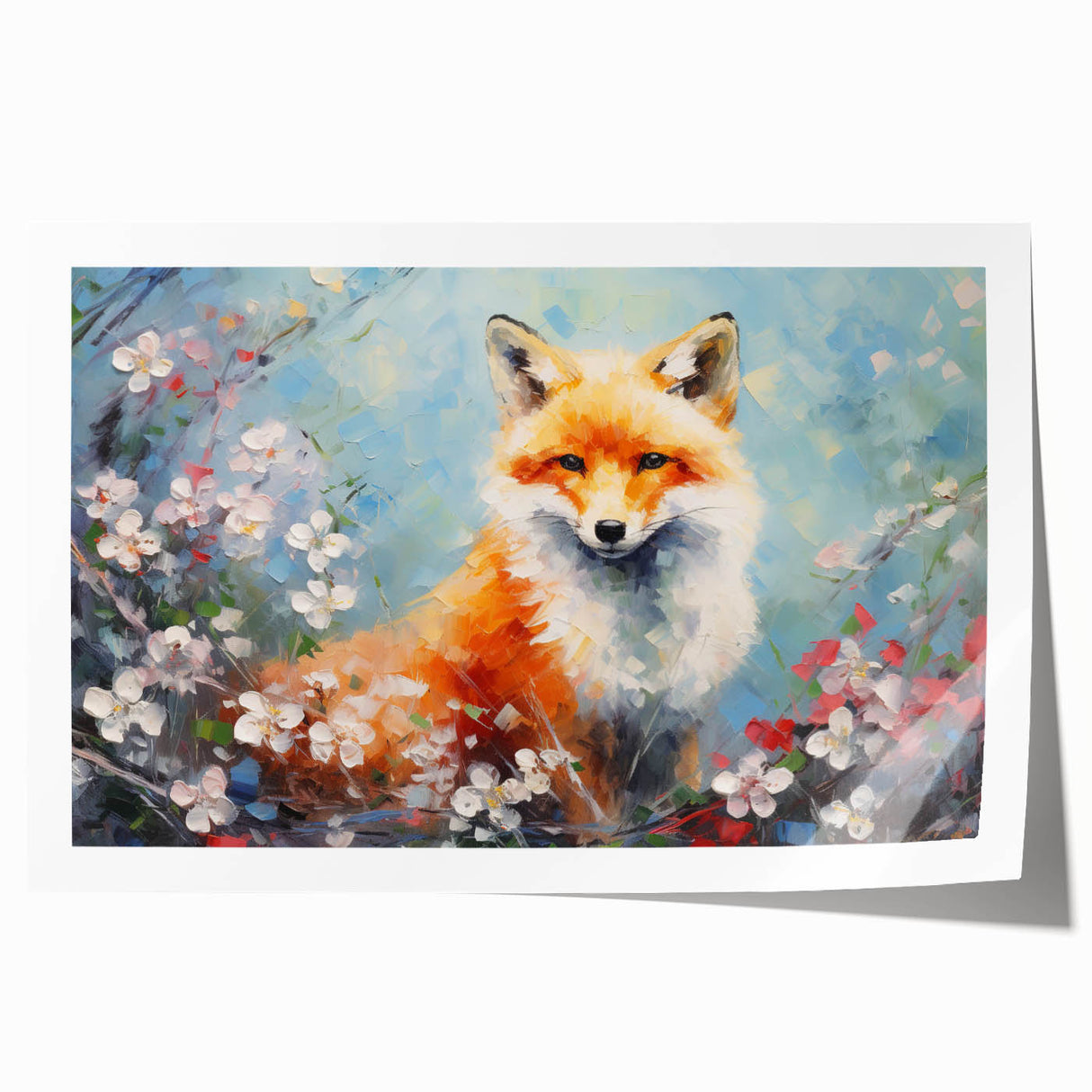 Vibrant wall art print featuring a stylized fox design, showcasing rich colors and intricate details, perfect for adding a whimsical touch to home decor.
